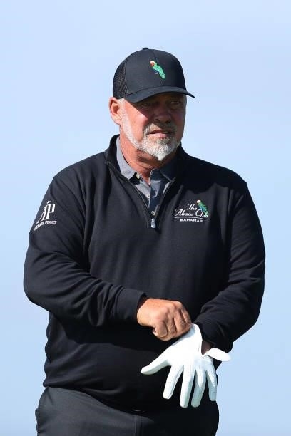 Darren Clarke of Northern Ireland prepares to tee off on the 5th hole during Day One of The 149th Open at Royal St George’s Golf Club on July 15,...