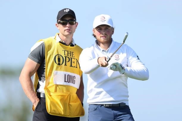 Joe Long of England prepares to tee off on the 5th hole during Day One of The 149th Open at Royal St George’s Golf Club on July 15, 2021 in Sandwich,...