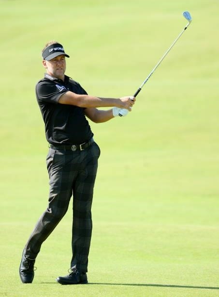 Ian Poulter of England plays his third shot on the seventh hole during Day One of The 149th Open at Royal St George’s Golf Club on July 15, 2021 in...
