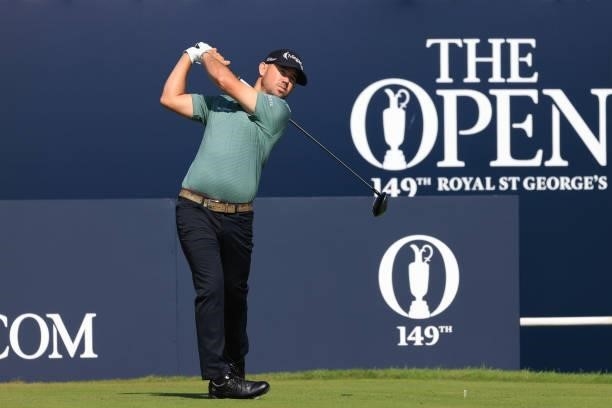 Brian Harman of the United States plays his shot from the first tee during Day One of The 149th Open at Royal St George’s Golf Club on July 15, 2021...