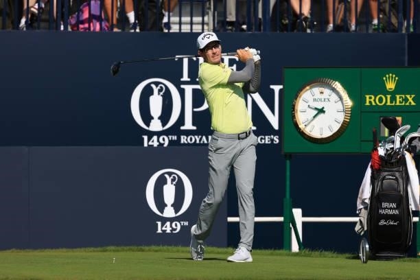Dylan Frittelli of South Africa plays his shot from the first tee during Day One of The 149th Open at Royal St George’s Golf Club on July 15, 2021 in...