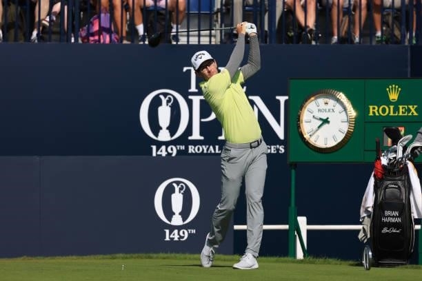 Dylan Frittelli of South Africa plays his shot from the first tee during Day One of The 149th Open at Royal St George’s Golf Club on July 15, 2021 in...