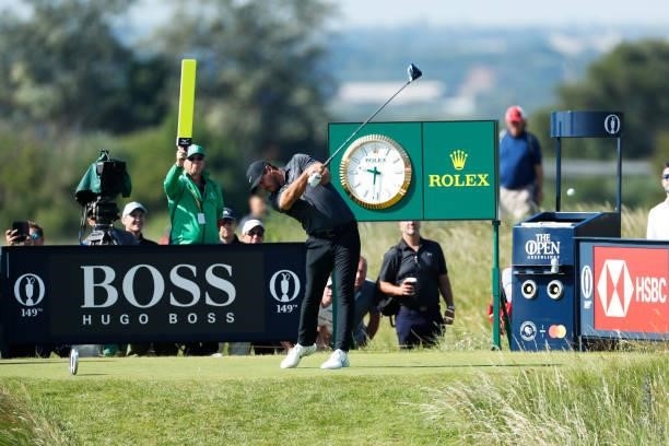 Brooks Koepka of the United States plays his shot from the seventh tee during Day One of The 149th Open at Royal St George’s Golf Club on July 15,...