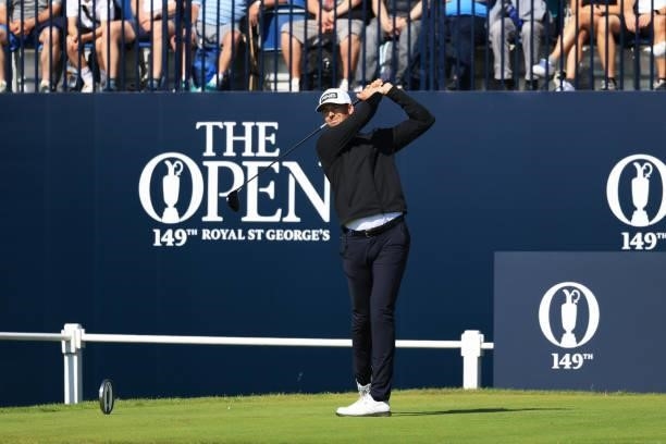 Victor Perez of France plays his shot from the first tee during Day One of The 149th Open at Royal St George’s Golf Club on July 15, 2021 in...
