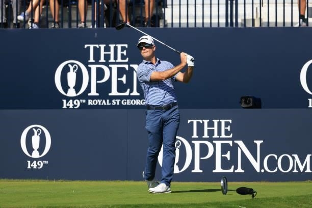 Kevin Streelman of the United States plays his shot from the first tee during Day One of The 149th Open at Royal St George’s Golf Club on July 15,...