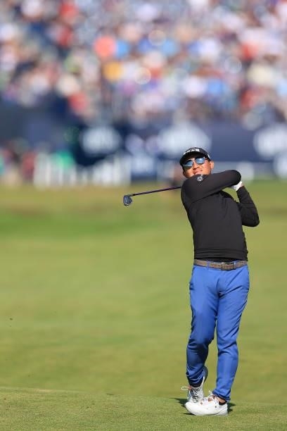 Pan of Chinese Taipei plays his second shot on the 1st hole during Day One of The 149th Open at Royal St George’s Golf Club on July 15, 2021 in...