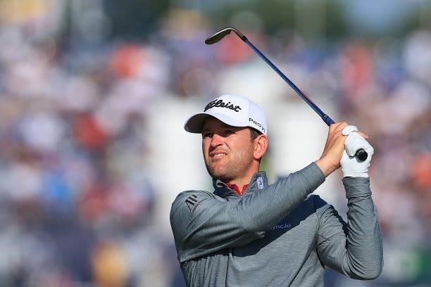 Bernd Wiesberger of Austria plays his third shot on the 1st hole during Day One of The 149th Open at Royal St George’s Golf Club on July 15, 2021 in...