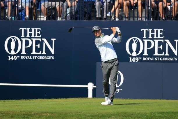 Guido Migliozzi of Italy plays his shot from the first tee during Day One of The 149th Open at Royal St George’s Golf Club on July 15, 2021 in...