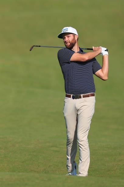 Chris Kirk of The United States plays his second shot on the 1st hole during Day One of The 149th Open at Royal St George’s Golf Club on July 15,...
