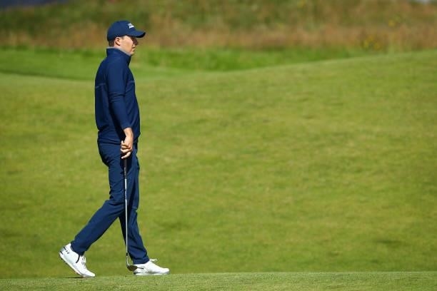Jordan Spieth of the United States looks on from the second hole during Day One of The 149th Open at Royal St George’s Golf Club on July 15, 2021 in...
