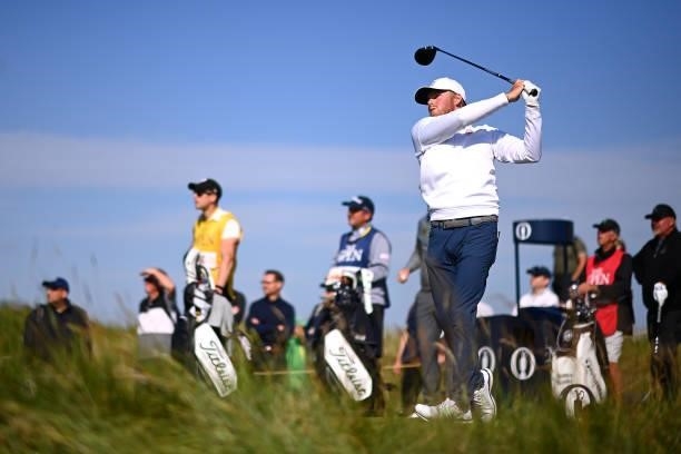 Joe Long of England tees off on the 4th hole during Day One of The 149th Open at Royal St George’s Golf Club on July 15, 2021 in Sandwich, England.