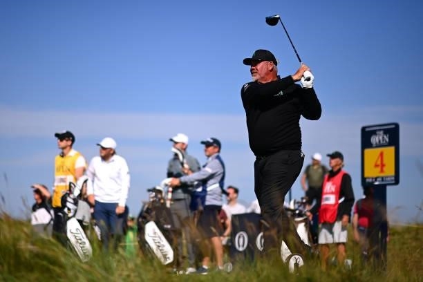 Darren Clarke of Northern Ireland tees off on the 4th hole during Day One of The 149th Open at Royal St George’s Golf Club on July 15, 2021 in...