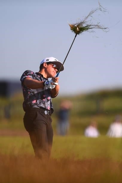 Garrick Higgo of South Africa plays his second shot on the 1st hole during Day One of The 149th Open at Royal St George’s Golf Club on July 15, 2021...