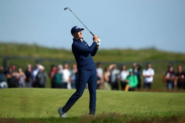 Jordan Spieth of the United States plays a shot on the first hole during Day One of The 149th Open at Royal St George’s Golf Club on July 15, 2021 in...