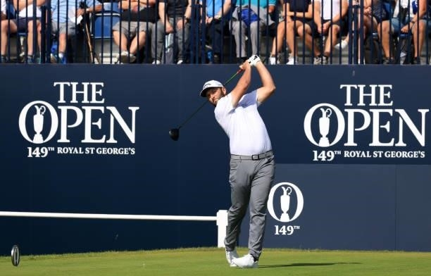 Jon Rahm of Spain plays his shot from the first tee during Day One of The 149th Open at Royal St George’s Golf Club on July 15, 2021 in Sandwich,...