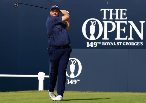 Shane Lowry of Ireland plays his shot from the first tee during Day One of The 149th Open at Royal St George’s Golf Club on July 15, 2021 in...