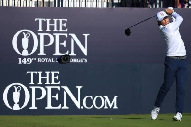 Joe Long of England tees off on the 1st hole during Day One of The 149th Open at Royal St George’s Golf Club on July 15, 2021 in Sandwich, England.