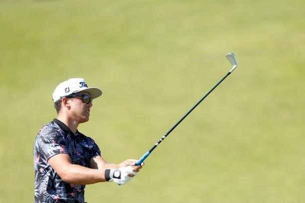 Garrick Higgo of South Africa plays a shot on the seventh hole during Day One of The 149th Open at Royal St George’s Golf Club on July 15, 2021 in...