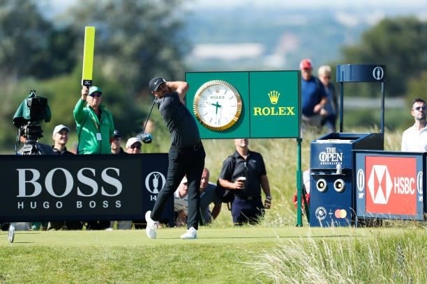 Brooks Koepka of the United States plays his shot from the seventh tee during Day One of The 149th Open at Royal St George’s Golf Club on July 15,...