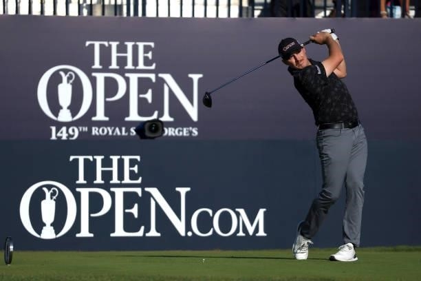 Joel Dahmen of The United States tees off on the 1st hole during Day One of The 149th Open at Royal St George’s Golf Club on July 15, 2021 in...
