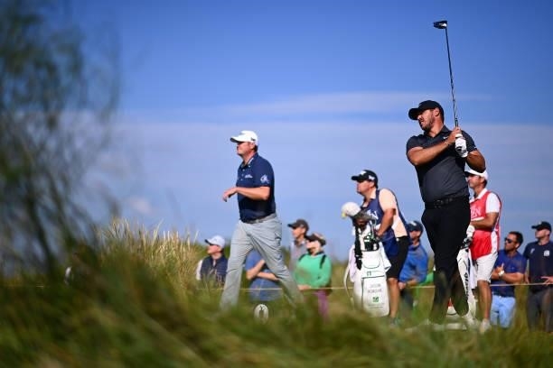 Brooks Koepka of The United States tees off on the 4th hole during Day One of The 149th Open at Royal St George’s Golf Club on July 15, 2021 in...