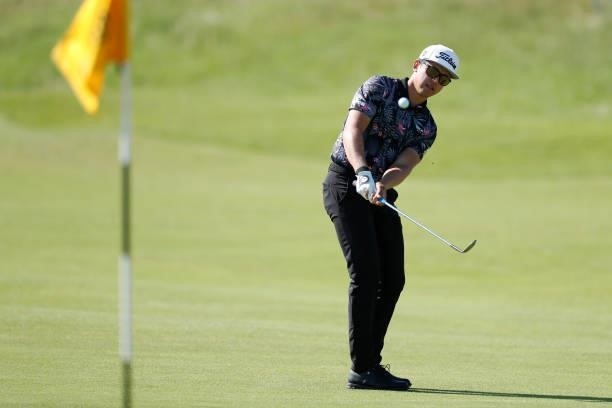 Garrick Higgo of South Africa plays a shot on the seventh hole during Day One of The 149th Open at Royal St George’s Golf Club on July 15, 2021 in...