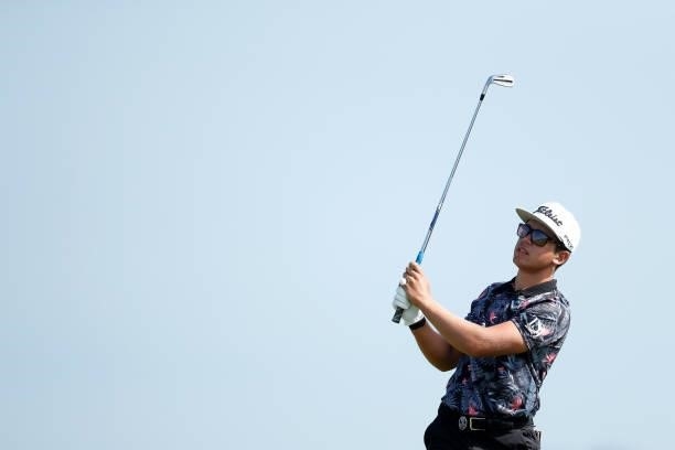 Garrick Higgo of South Africa plays a shot on the eighth hole during Day One of The 149th Open at Royal St George’s Golf Club on July 15, 2021 in...