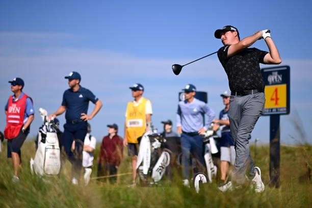 Joel Dahmen of The United States tees off on the 4th hole during Day One of The 149th Open at Royal St George’s Golf Club on July 15, 2021 in...
