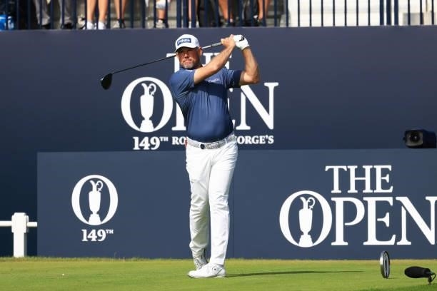 Lee Westwood of England plays his shot from the first tee during Day One of The 149th Open at Royal St George’s Golf Club on July 15, 2021 in...