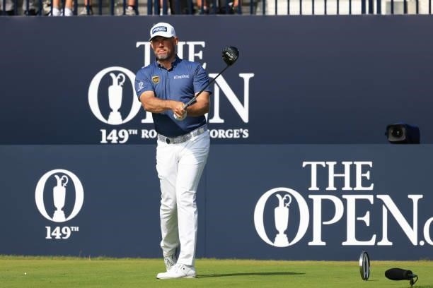 Lee Westwood of England plays his shot from the first tee during Day One of The 149th Open at Royal St George’s Golf Club on July 15, 2021 in...