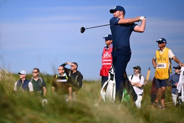 Daniel Berger of The United States tees off on the 4th hole during Day One of The 149th Open at Royal St George’s Golf Club on July 15, 2021 in...