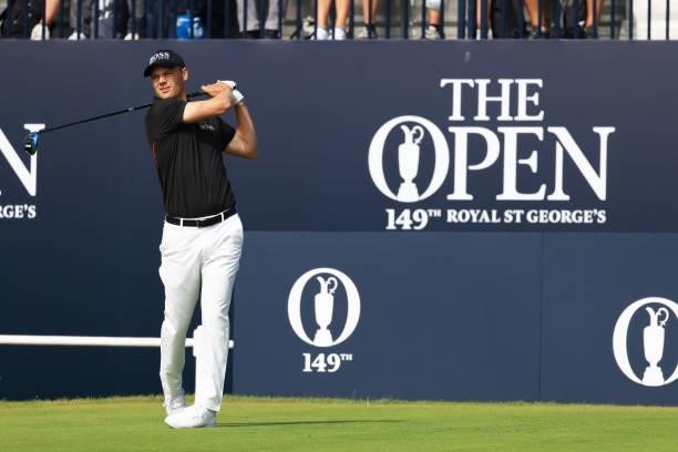 Martin Kaymer of Germany plays his shot from the first tee during Day One of The 149th Open at Royal St George’s Golf Club on July 15, 2021 in...