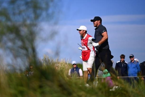 Brooks Koepka of The United States walks from the 4th tee during Day One of The 149th Open at Royal St George’s Golf Club on July 15, 2021 in...