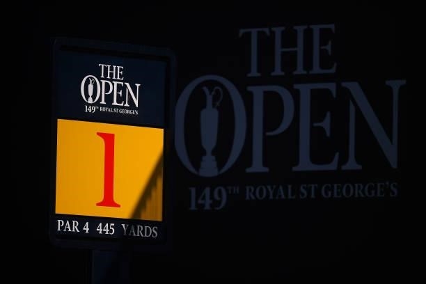 Signs are seen on the 1st tee during Day One of The 149th Open at Royal St George’s Golf Club on July 15, 2021 in Sandwich, England.