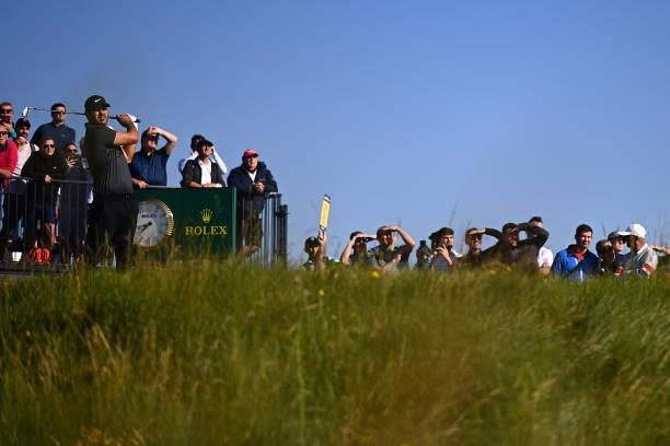 Brooks Koepka of The United States tees off on the 3rd hole during Day One of The 149th Open at Royal St George’s Golf Club on July 15, 2021 in...