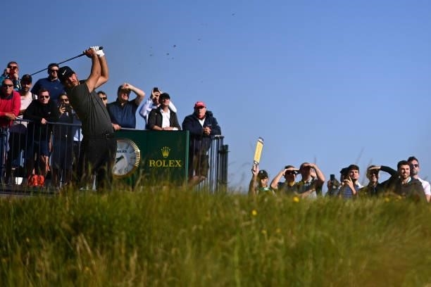 Brooks Koepka of The United States tees off on the 3rd hole during Day One of The 149th Open at Royal St George’s Golf Club on July 15, 2021 in...