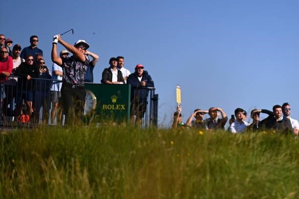 Garrick Higgo of South Africa tees off on the 3rd hole during Day One of The 149th Open at Royal St George’s Golf Club on July 15, 2021 in Sandwich,...