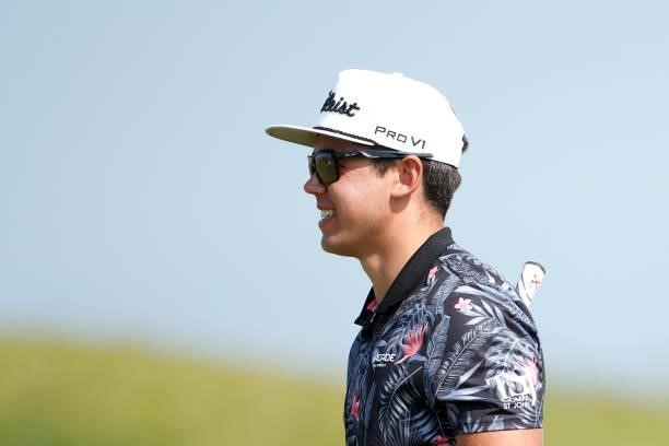Garrick Higgo of South Africa looks on from the eighth hole during Day One of The 149th Open at Royal St George’s Golf Club on July 15, 2021 in...