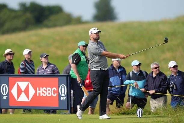 Jack Senior of England plays his shot from the seventh tee during Day One of The 149th Open at Royal St George’s Golf Club on July 15, 2021 in...