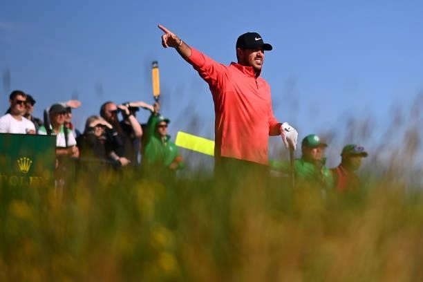 Brooks Koepka of The United States reacts on the 2nd tee during Day One of The 149th Open at Royal St George’s Golf Club on July 15, 2021 in...