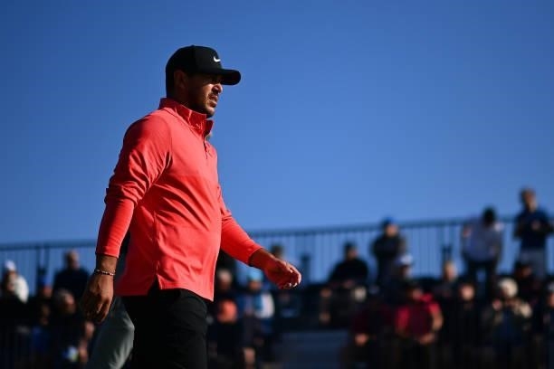Brooks Koepka of The United States walks from the 1st tee during Day One of The 149th Open at Royal St George’s Golf Club on July 15, 2021 in...