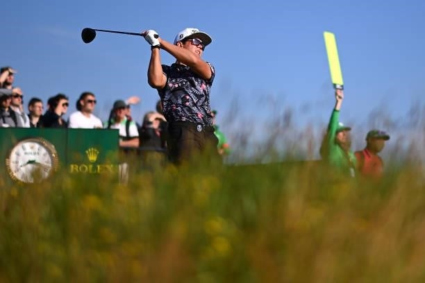 Garrick Higgo of South Africa tees off on the 2nd hole during Day One of The 149th Open at Royal St George’s Golf Club on July 15, 2021 in Sandwich,...