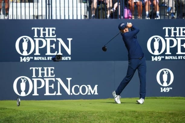 Jordan Spieth of the United States plays his shot from the first tee during Day One of The 149th Open at Royal St George’s Golf Club on July 15, 2021...