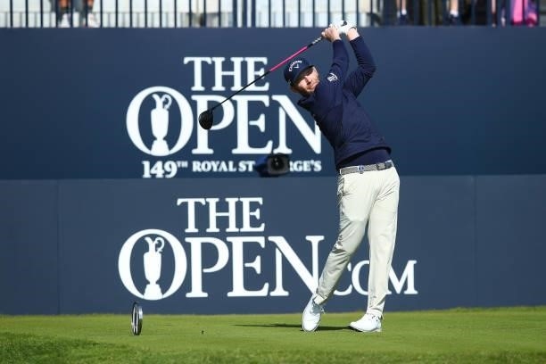 Branden Grace of South Africa plays his shot from the first tee during Day One of The 149th Open at Royal St George’s Golf Club on July 15, 2021 in...