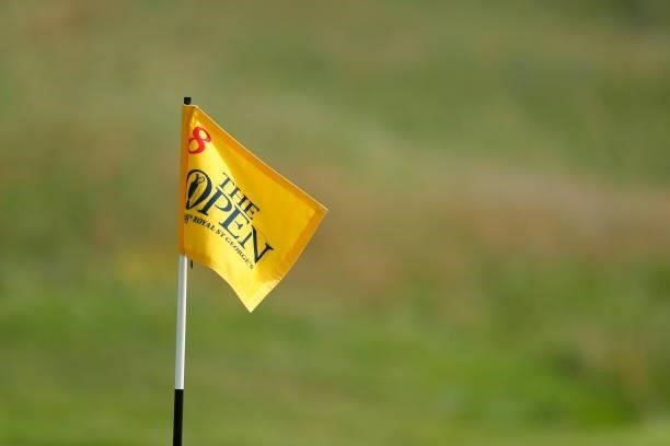 Derailed view of a 'The Open' flag is seen during Day One of The 149th Open at Royal St George’s Golf Club on July 15, 2021 in Sandwich, England.