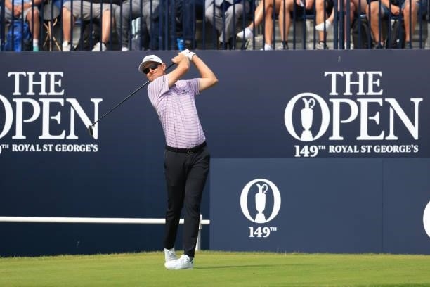 Justin Rose of England plays his shot from the first tee during Day One of The 149th Open at Royal St George’s Golf Club on July 15, 2021 in...