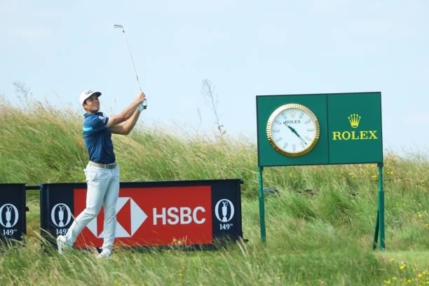 Viktor Hovland of Norway plays his shot from the tenth tee during Day One of The 149th Open at Royal St George’s Golf Club on July 15, 2021 in...
