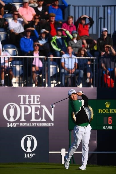 Min Woo Lee of Australia tees off on the 1st hole during Day One of The 149th Open at Royal St George’s Golf Club on July 15, 2021 in Sandwich,...
