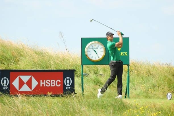 Thomas Detry of Belgium plays his shot from the 11th tee during Day One of The 149th Open at Royal St George’s Golf Club on July 15, 2021 in...