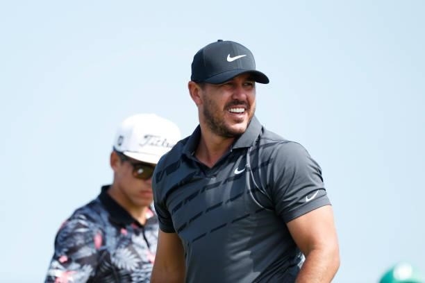 Brooks Koepka of the United States reacts from the tee of the tenth hole during Day One of The 149th Open at Royal St George’s Golf Club on July 15,...
